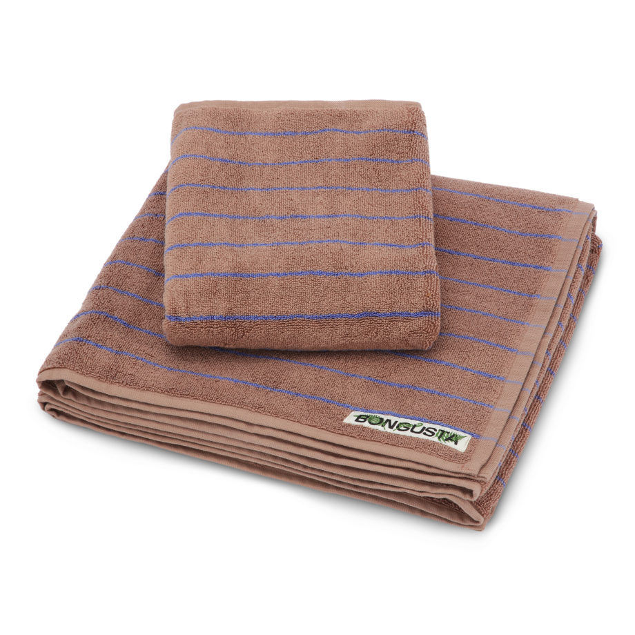 Naram bath towels (6 color combinations) camel & ultramarine blue (thin stripe)